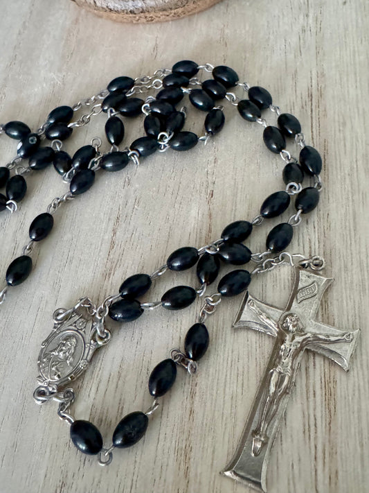 Black Bead Rosary with Silver Crucifix and Center