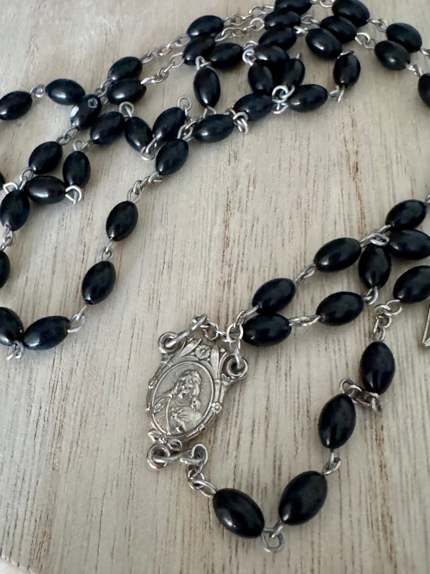Black Bead Rosary with Silver Crucifix and Center