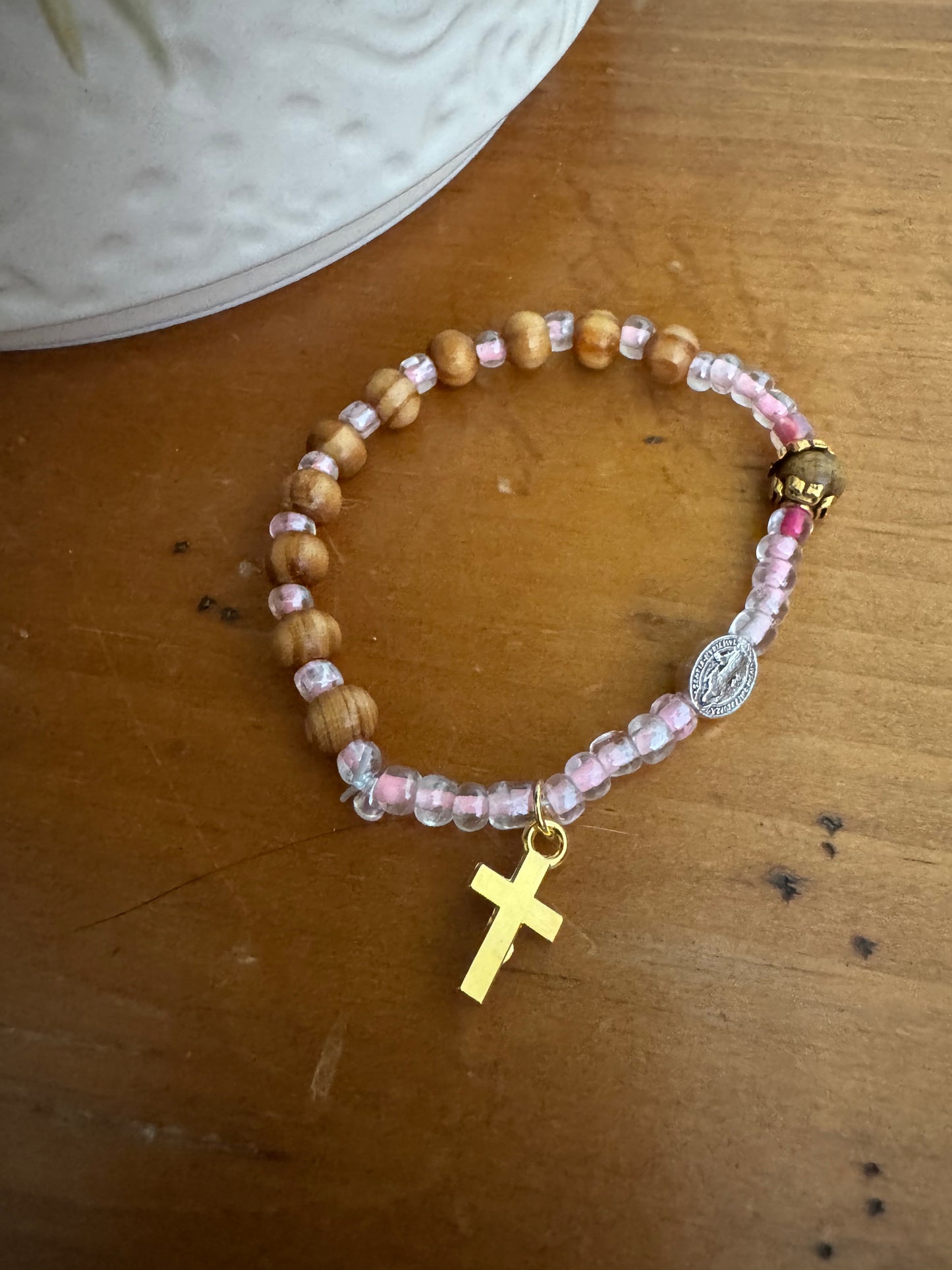 Handmade Light Wood Rosary Bracelet with Pink Spacers & Gold Cross