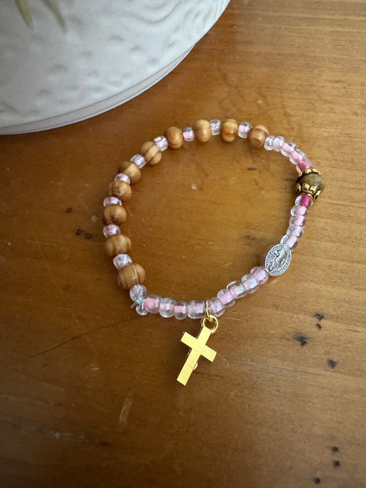 Handmade Light Wood Rosary Bracelet with Pink Spacers & Gold Cross