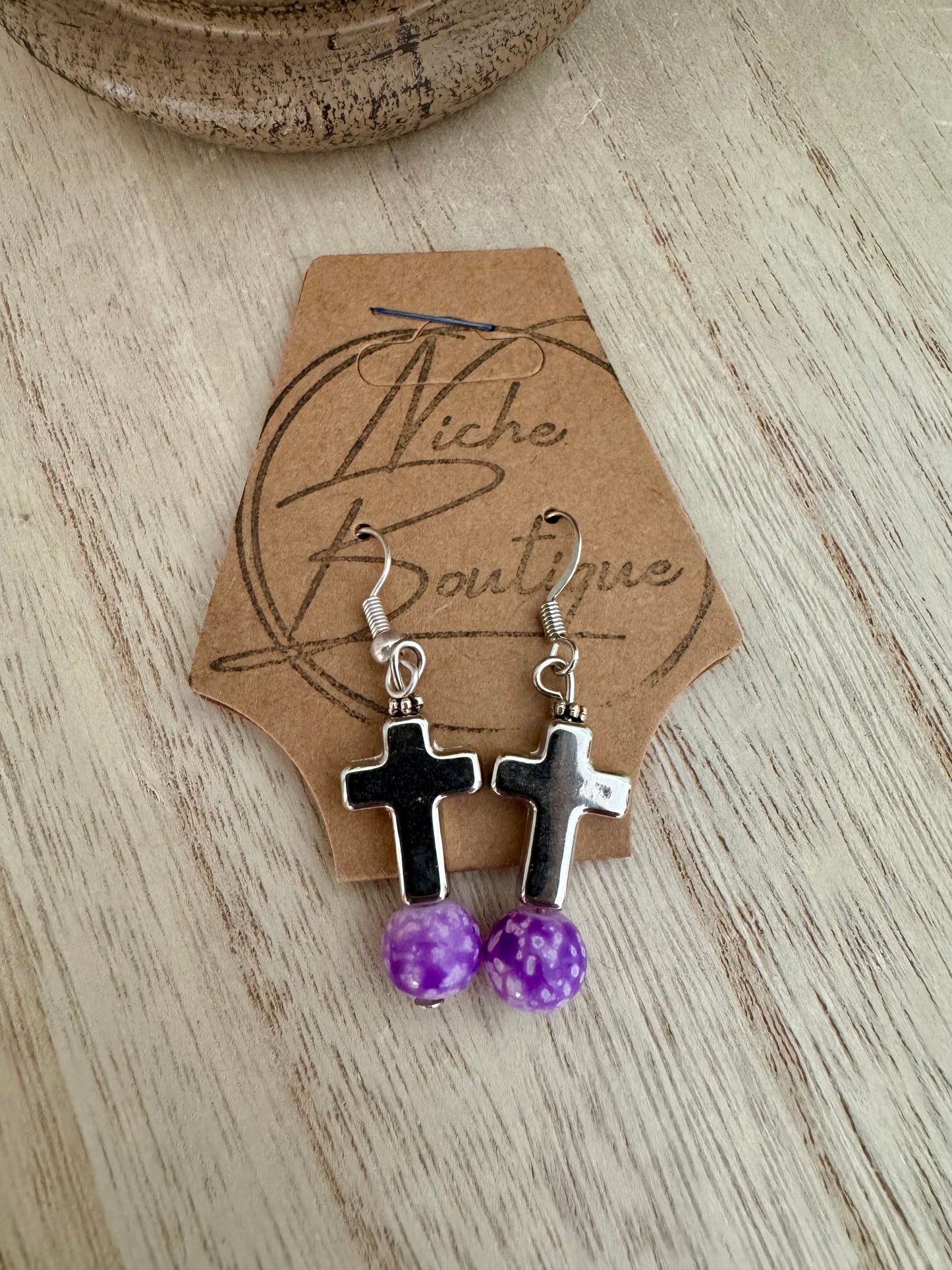 Handmade Silver Cross Dangle Earrings with Colorful Accents