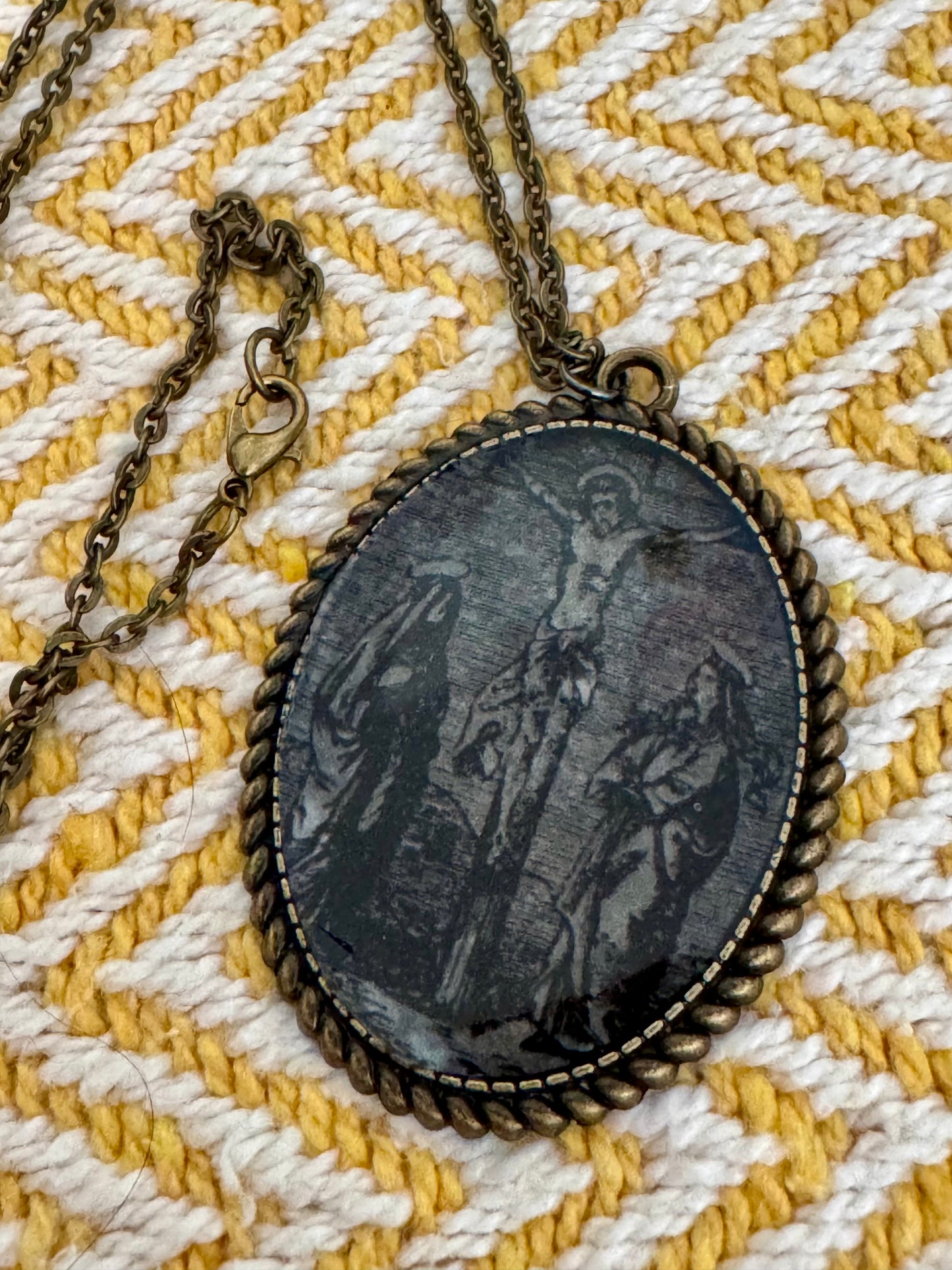 20” Vintage-Style Bronze Catholic Sacred Image Necklace Crucifixion