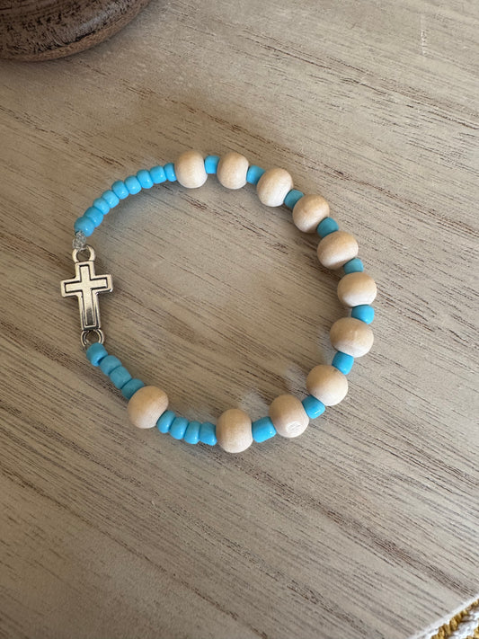 Handmade Rosary Bracelet – Natural Wood, Teal Seed Beads & Silver Cross