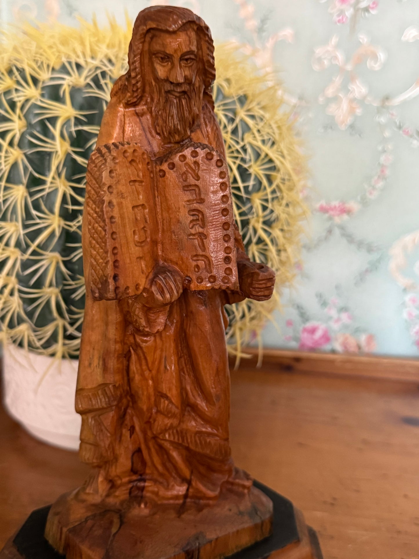 Hand-Carved Olive Wood Moses Statue Holding the Ten Commandments