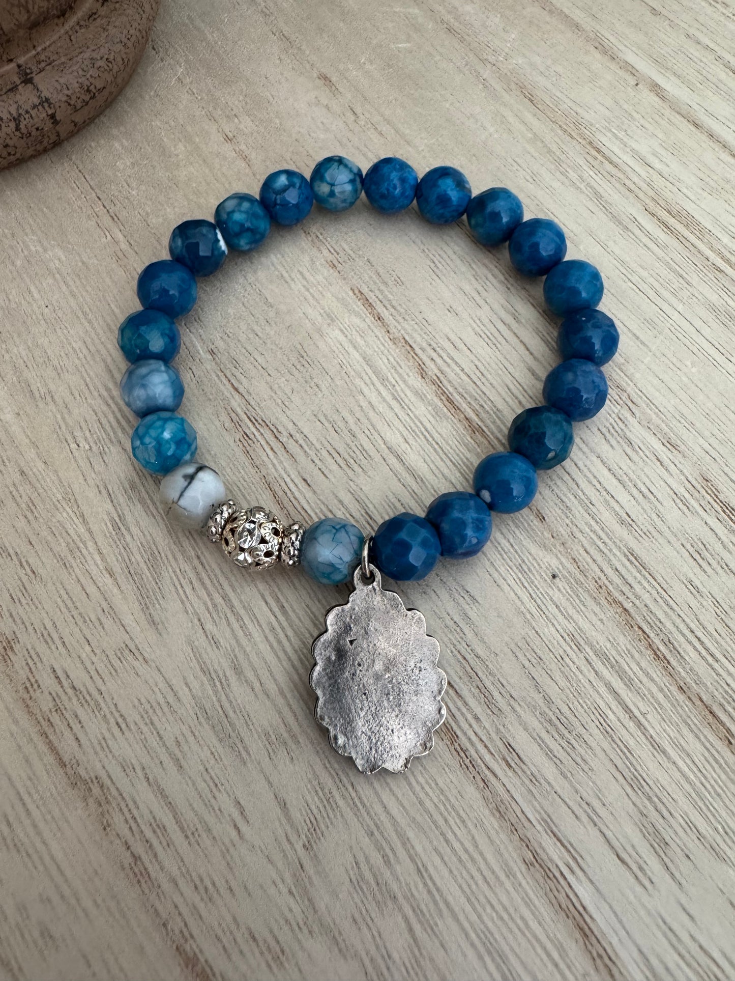 Blue Stone Stretch Bracelet with Our Lady of Guadalupe Charm