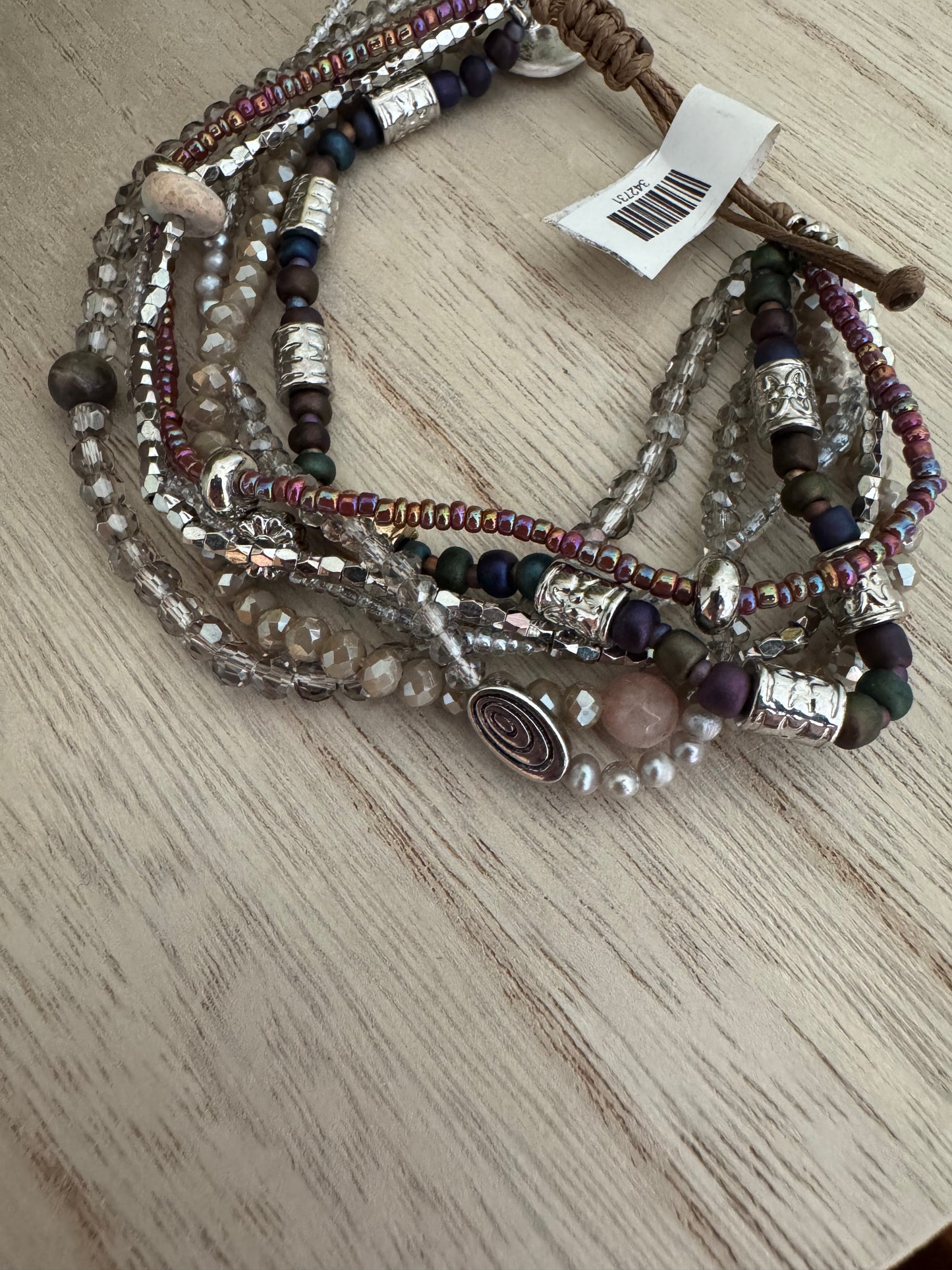Adjustable Multi-Bead Layered Bracelet with Cross Charm