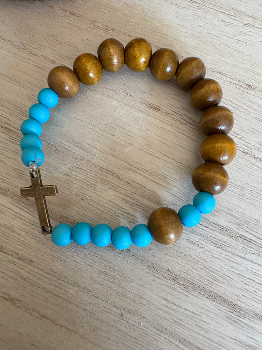 Dark Wood Rosary Bracelet with Teal Blue Accents and Bronze Cross