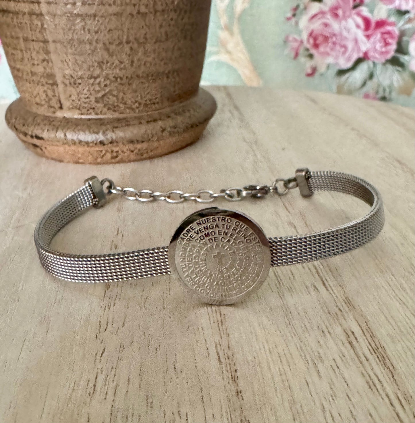 Stainless Steel Adjustable Bracelet with Our Father Prayer in Spanish