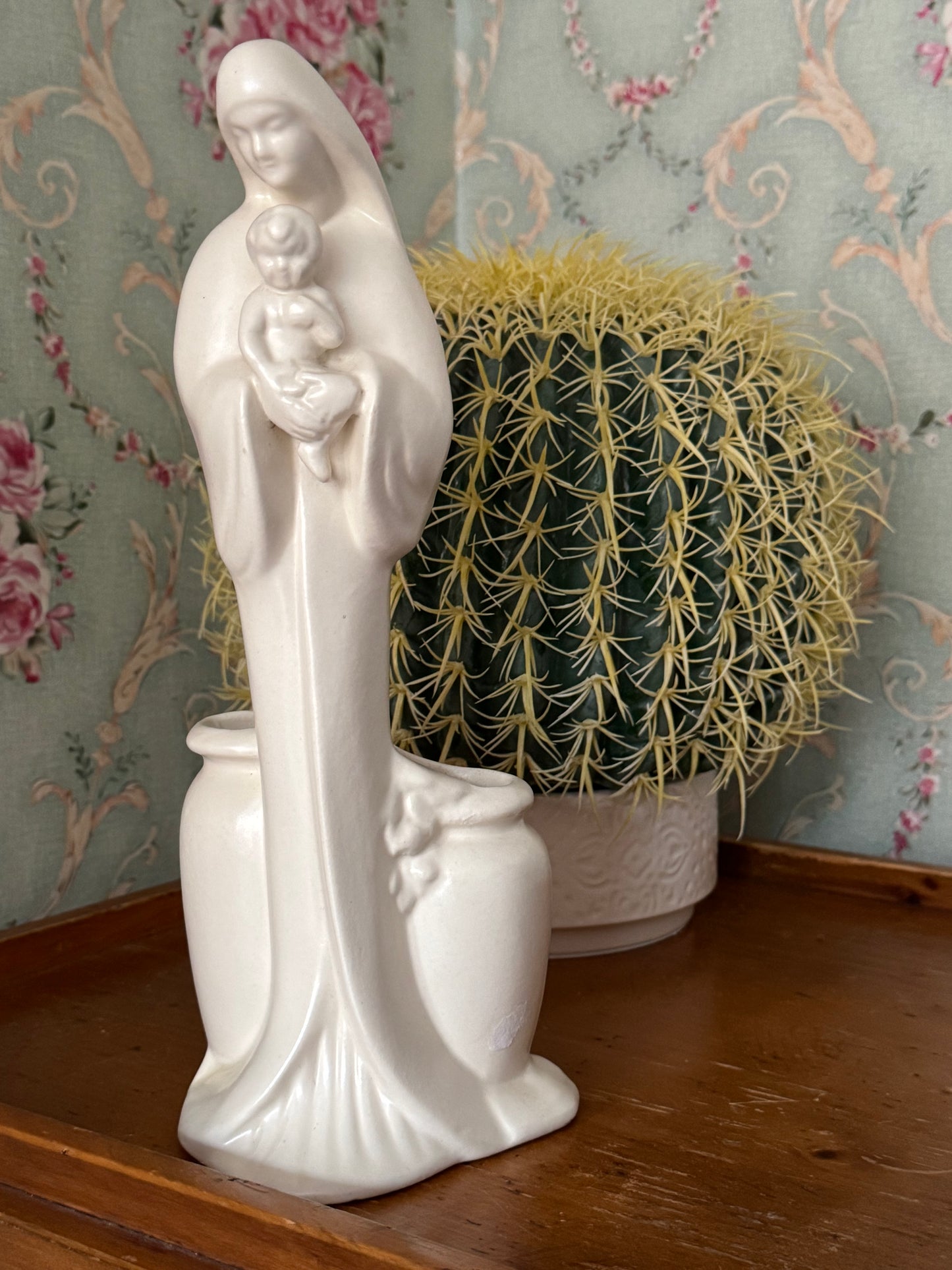 Vintage Haeger American Ceramics Mother Mary with Infant Jesus Flower Vase Statue