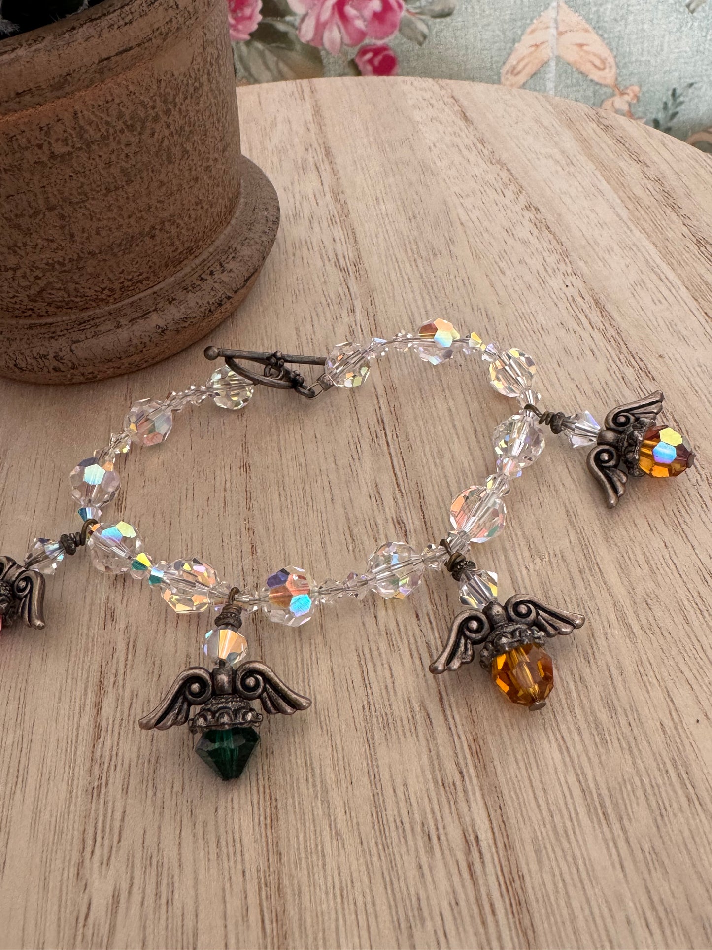 Handmade Clear Crystal-Style Bead Bracelet with Angel Charm – 8”