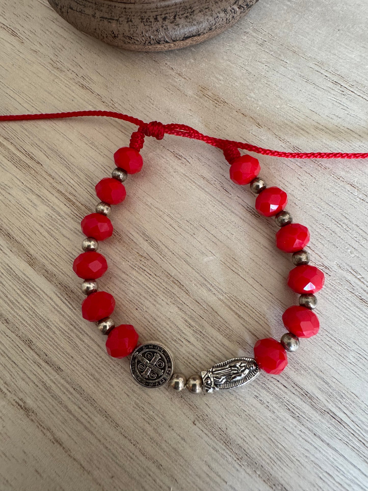 Red Adjustable Bracelet with Our Lady of Guadalupe Charm and St. Benedict Medal