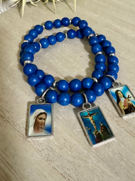 Dark Blue Charm Bracelet  Mother Mary, Jesus crucified, St. Therese of Lisieux&nbsp;