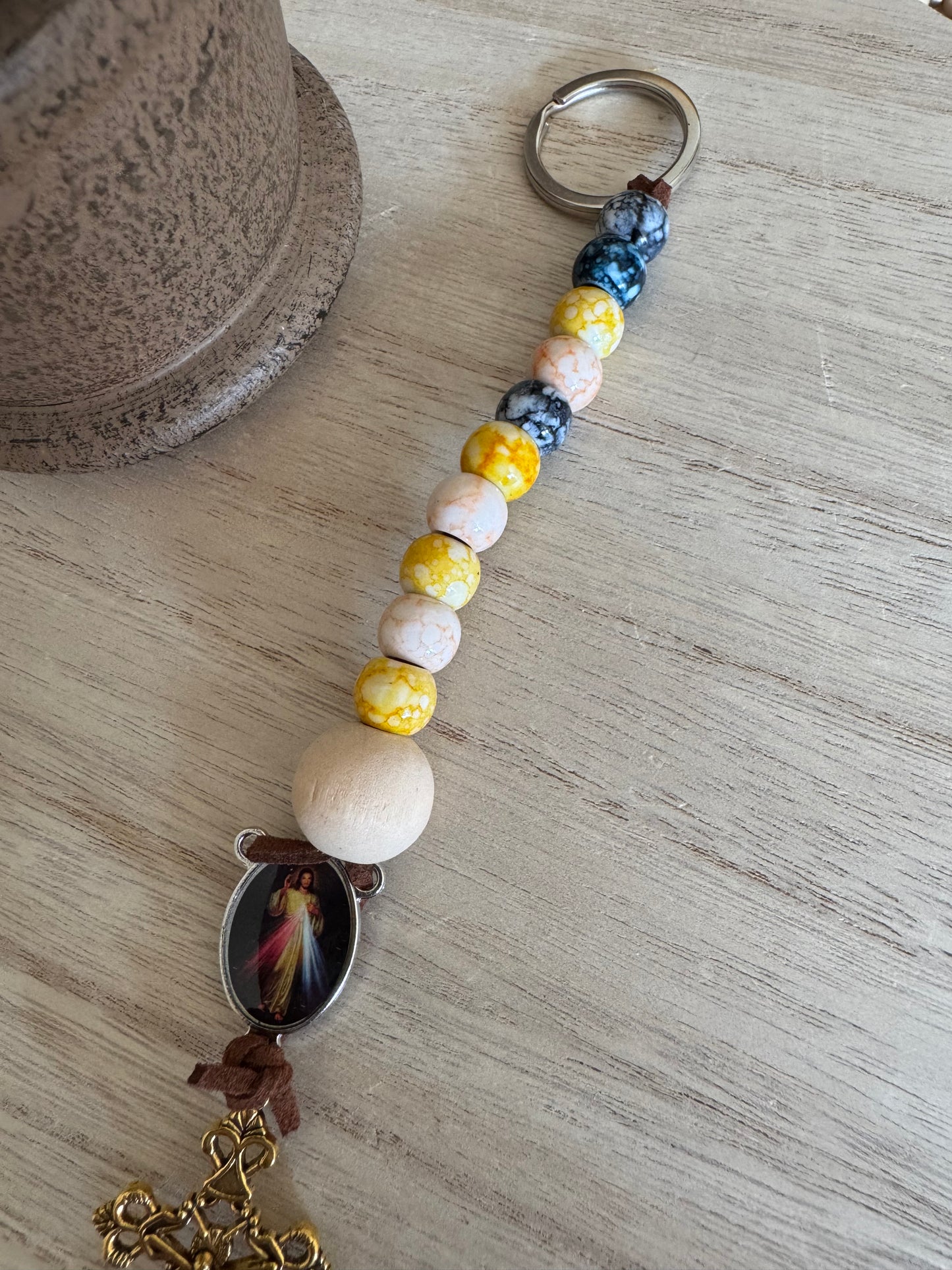 Yellow, Blue, and Peach Rosary Keychain with Divine Mercy and Gold Cross