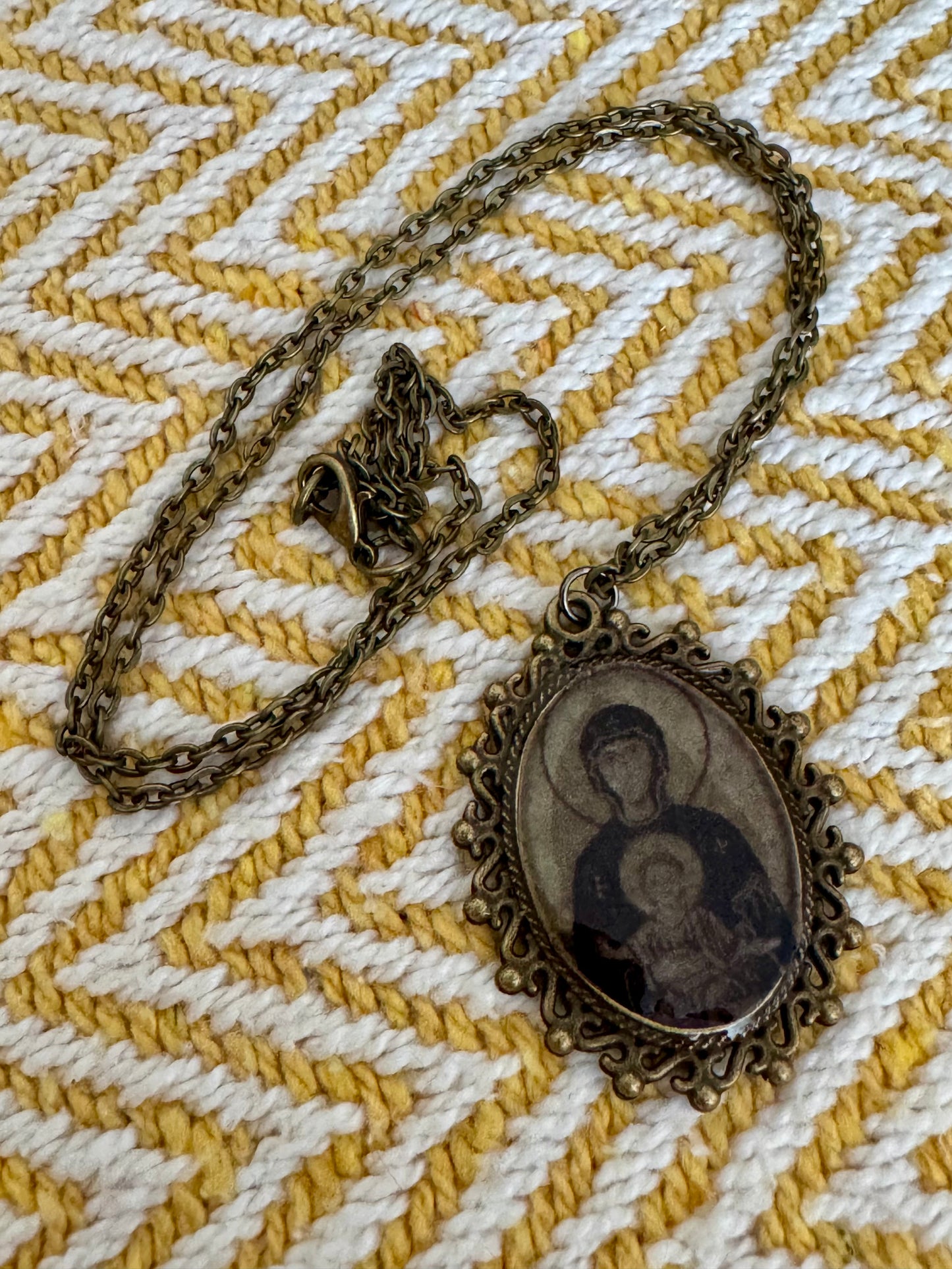 20” Vintage-Style Bronze Catholic Sacred Image Our Lady of Perpetual Help Necklace – Handmade Religious Gift
