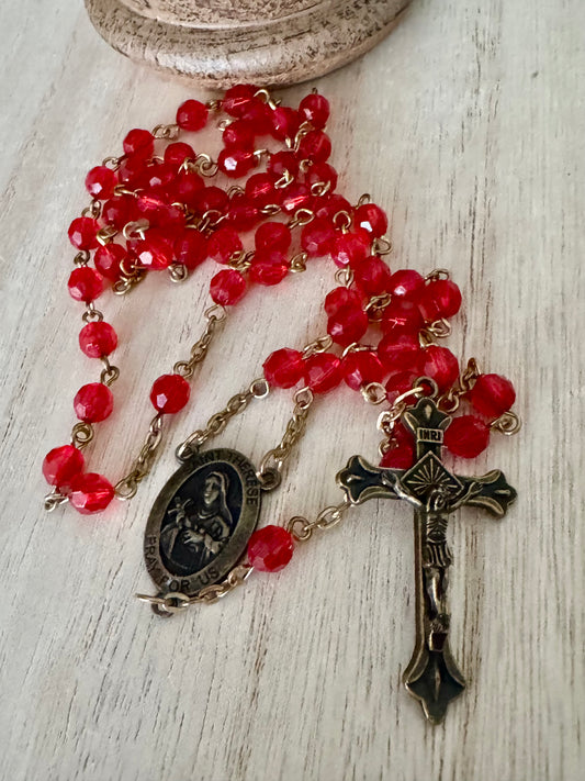 Red Plastic Bead Rosary with Gold-Bronze Accents – St. Therese of Lisieux – 21 Inches