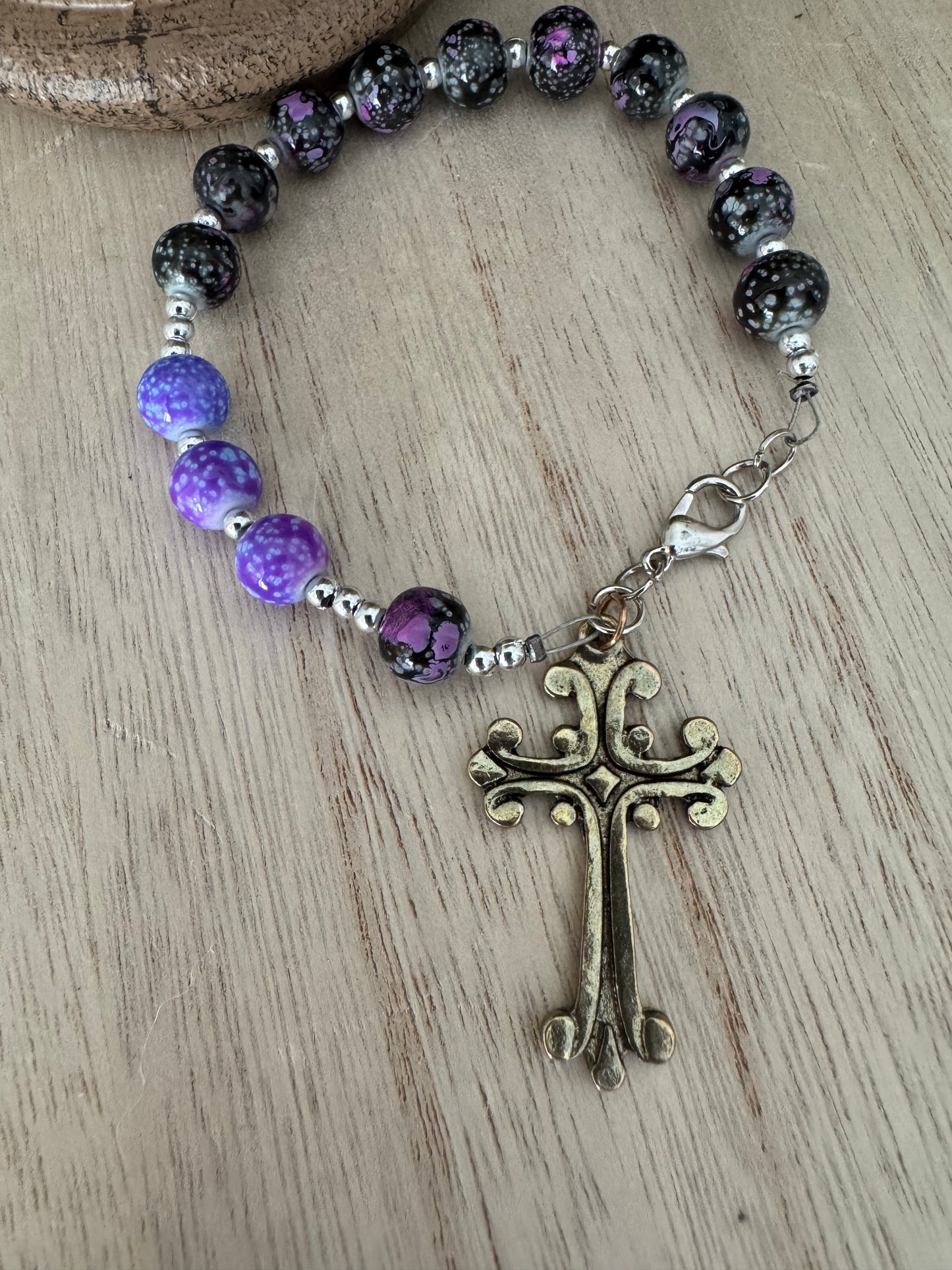 Handmade Purple Beaded Rosary Bracelet with Gold Cross – 7.5 Inches