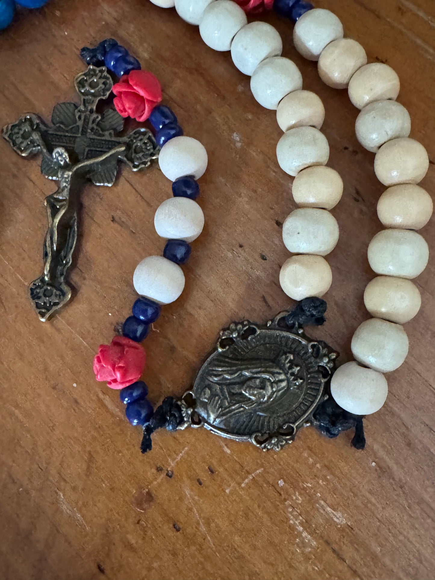 Handmade Blue Dragon Vein Agate & Natural Wood Rosary