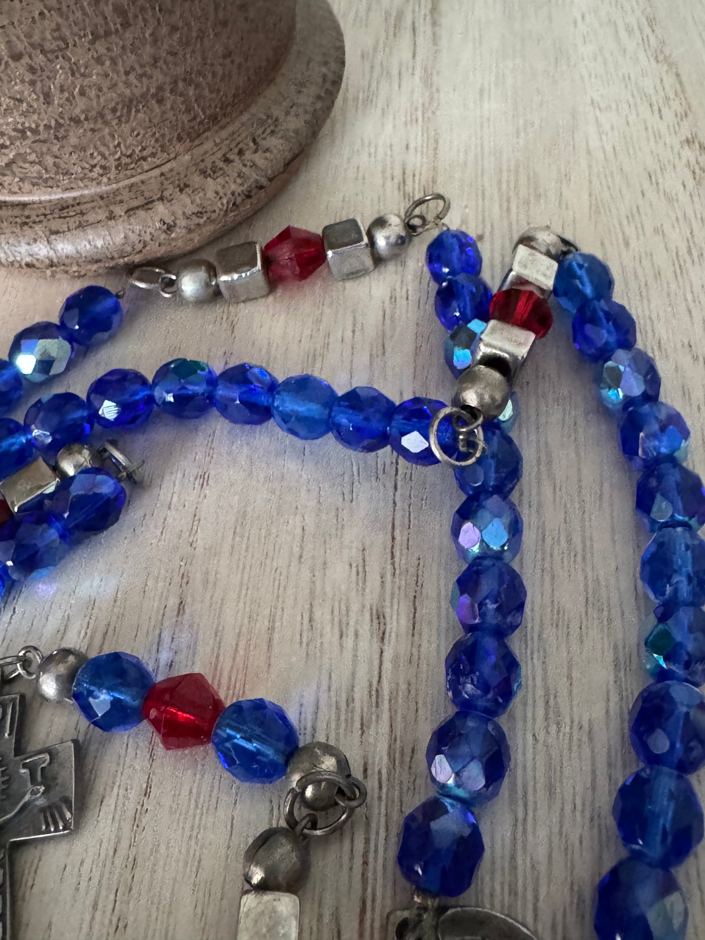 Handmade Metal Core Rosary with Blue Crystal-Like Beads and Vintage Crucifix – AS IS