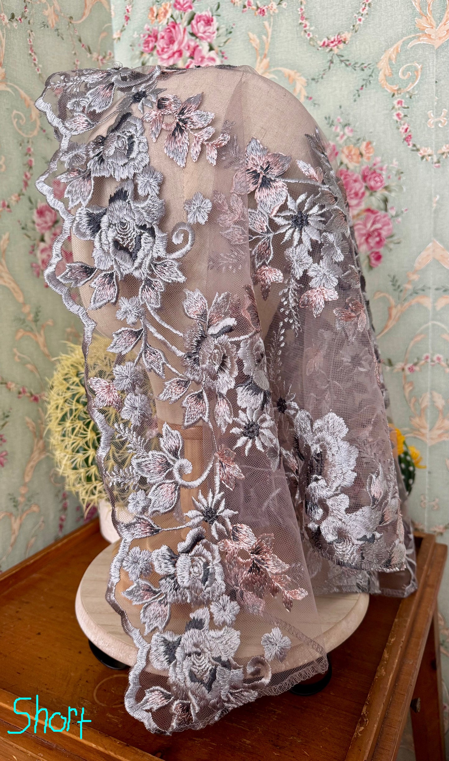 Mary’s Garden Mantilla • Limited Edition • Beautiful Blue & Pink Floral Embroidery • With Clips