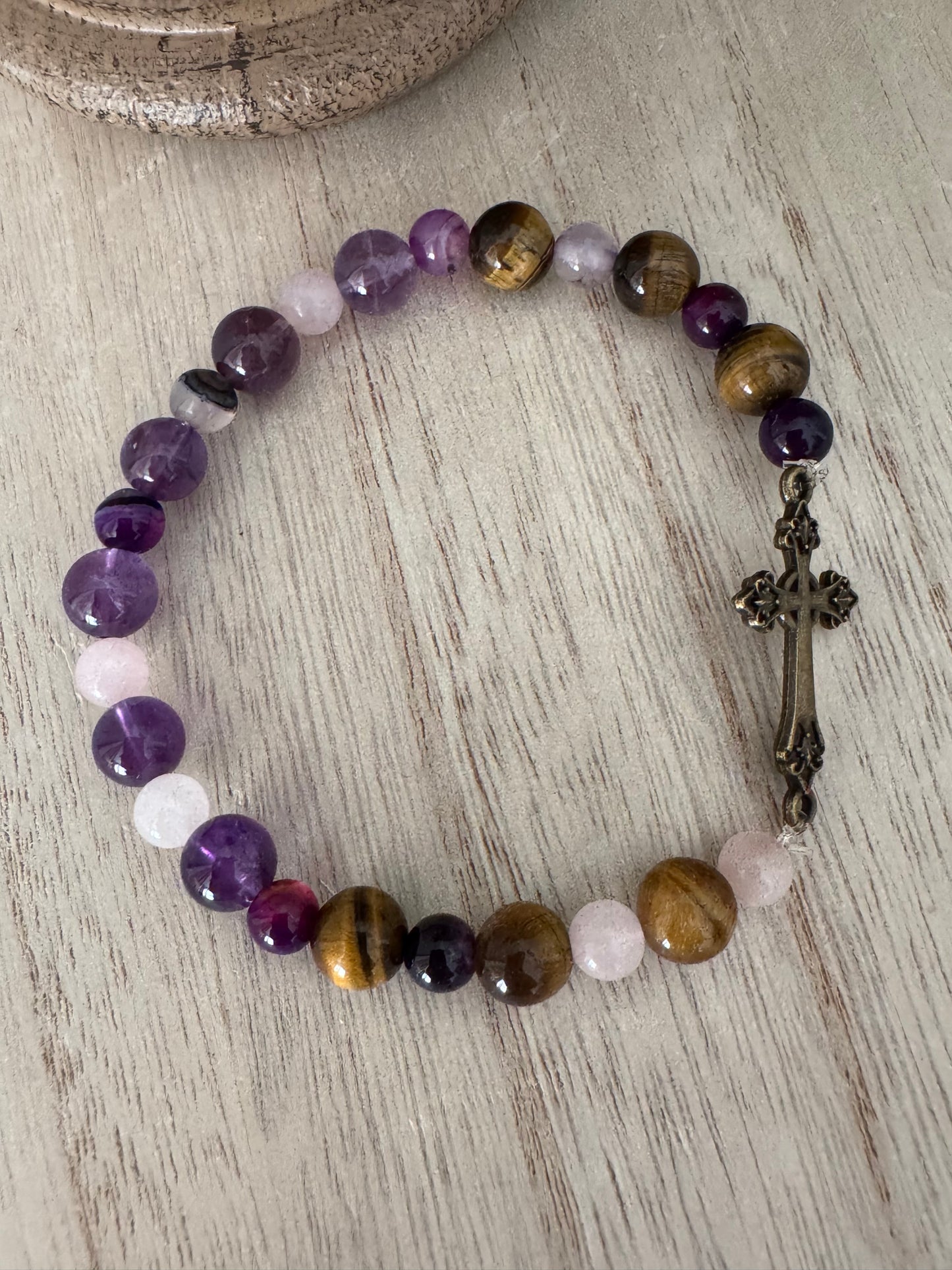 Purple & Brown Stretch Bracelet with Bronze Cross