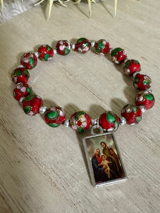 Ornate Red Flower Holy Family Stretch Bracelet