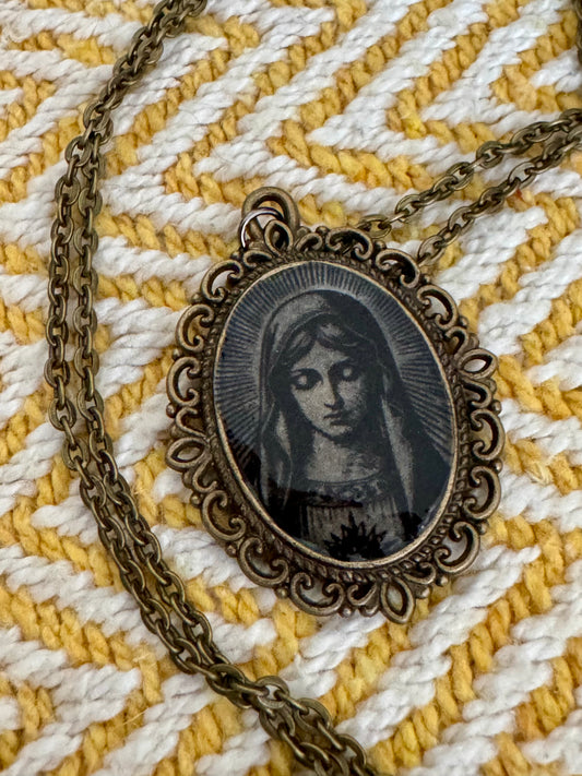 20” Vintage-Style Bronze Catholic Sacred Image Mother Mary Necklace – Handmade Religious Gift