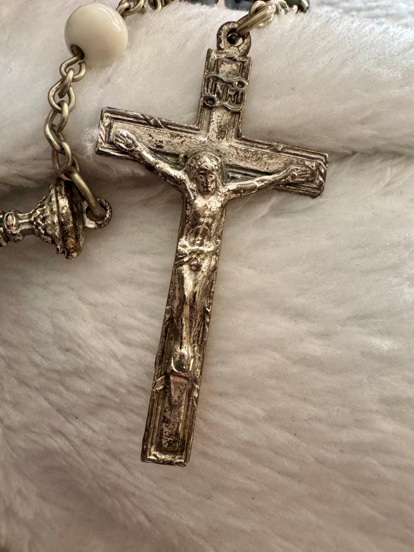 Shortened Rosary, Five Hail Mary Beads, with Vintage Centerpiece and Crucifix