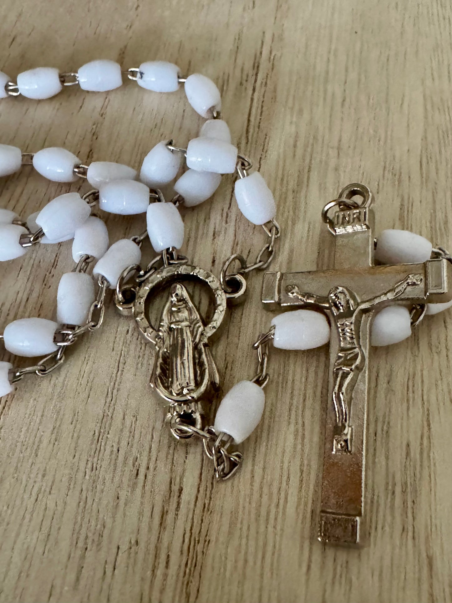White Plastic Bead Rosary with Silver Accents
