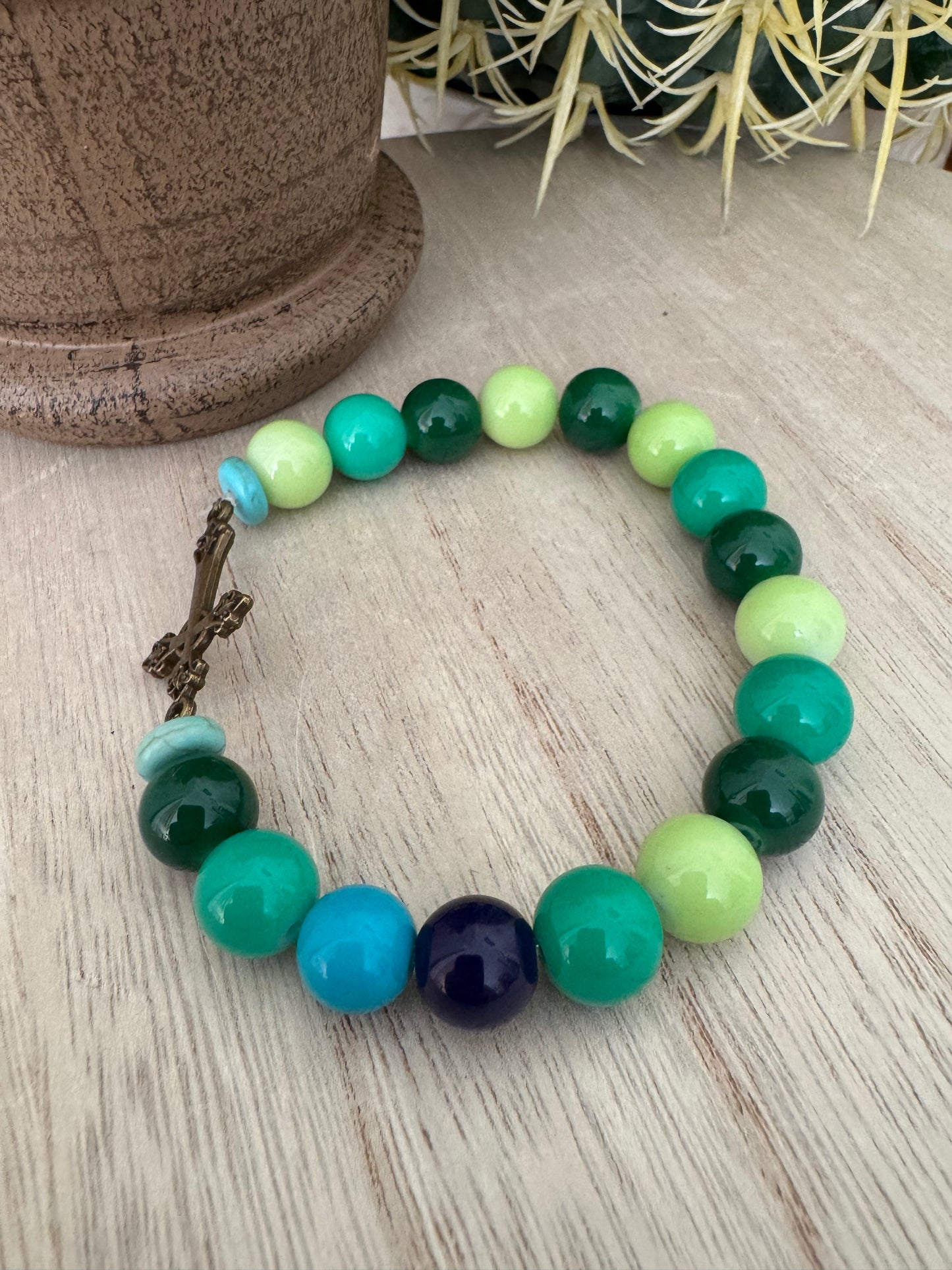Handmade Green & Blue Cross Bracelet
