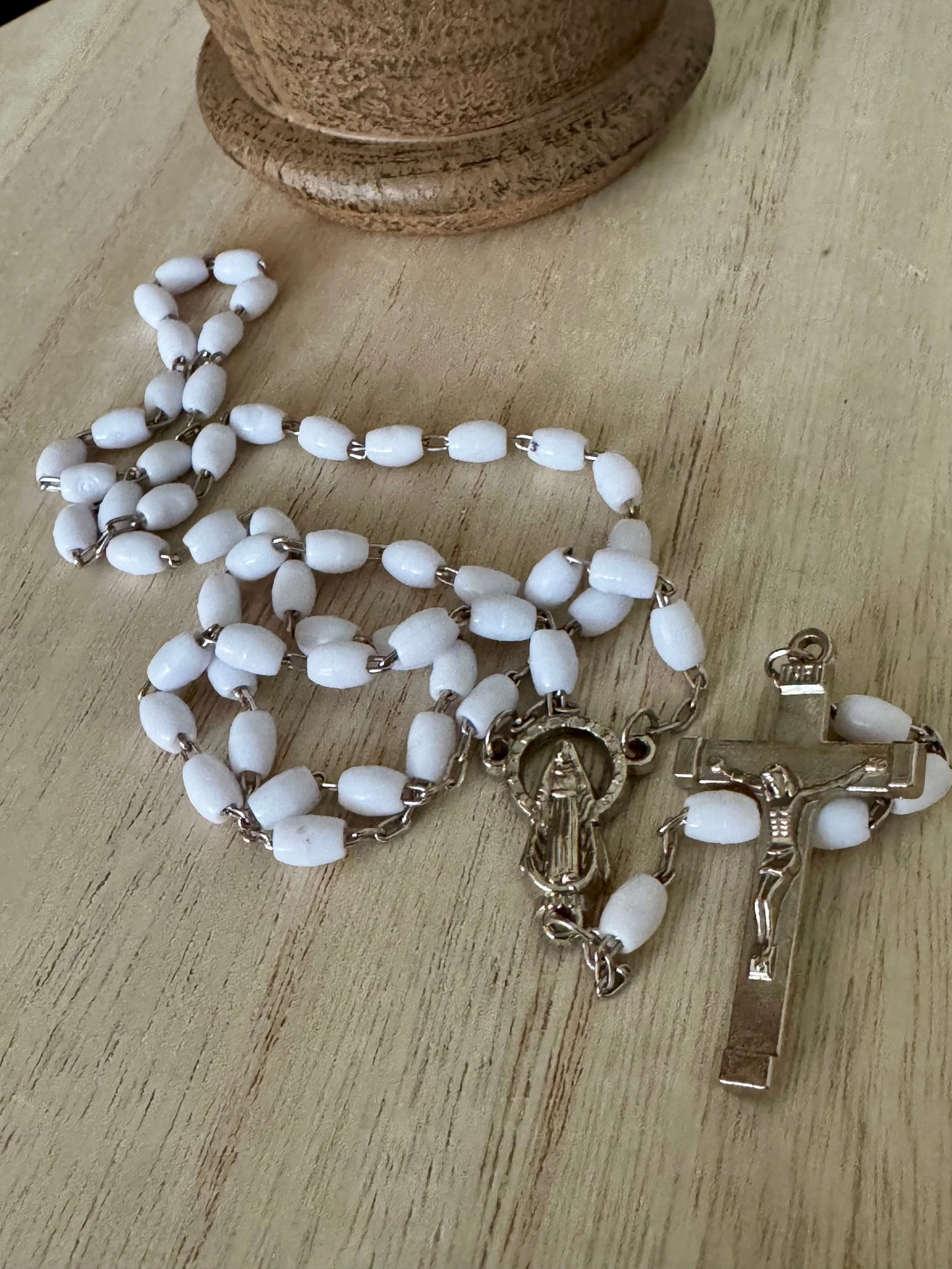 White Plastic Bead Rosary with Silver Accents