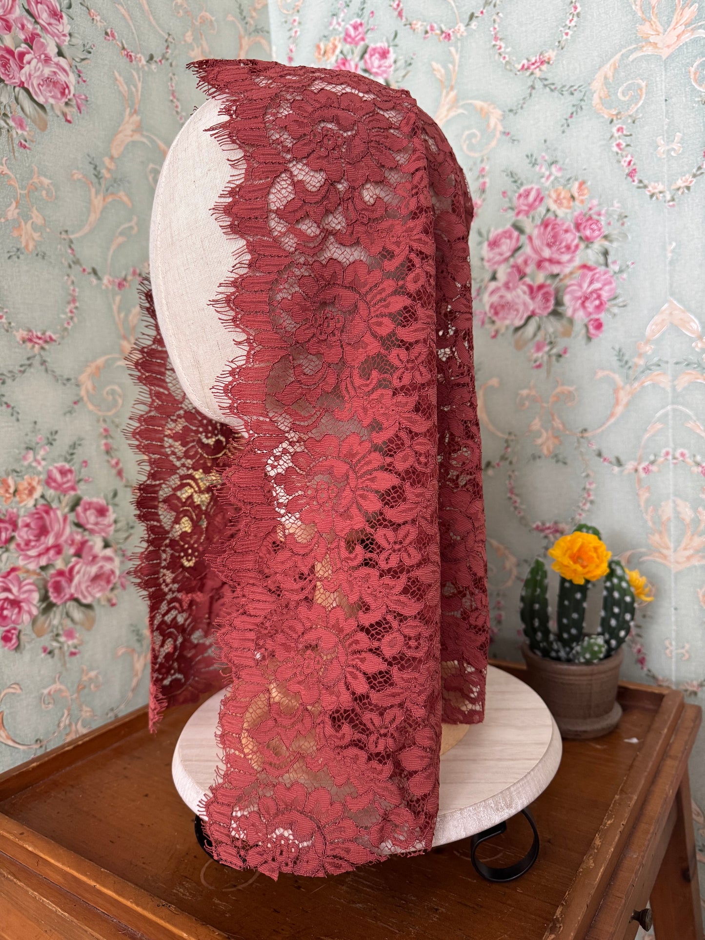 Sunset Orange Veil • Re-Embroidered Lace • Raw Edge • 22" x 28" • No Clip