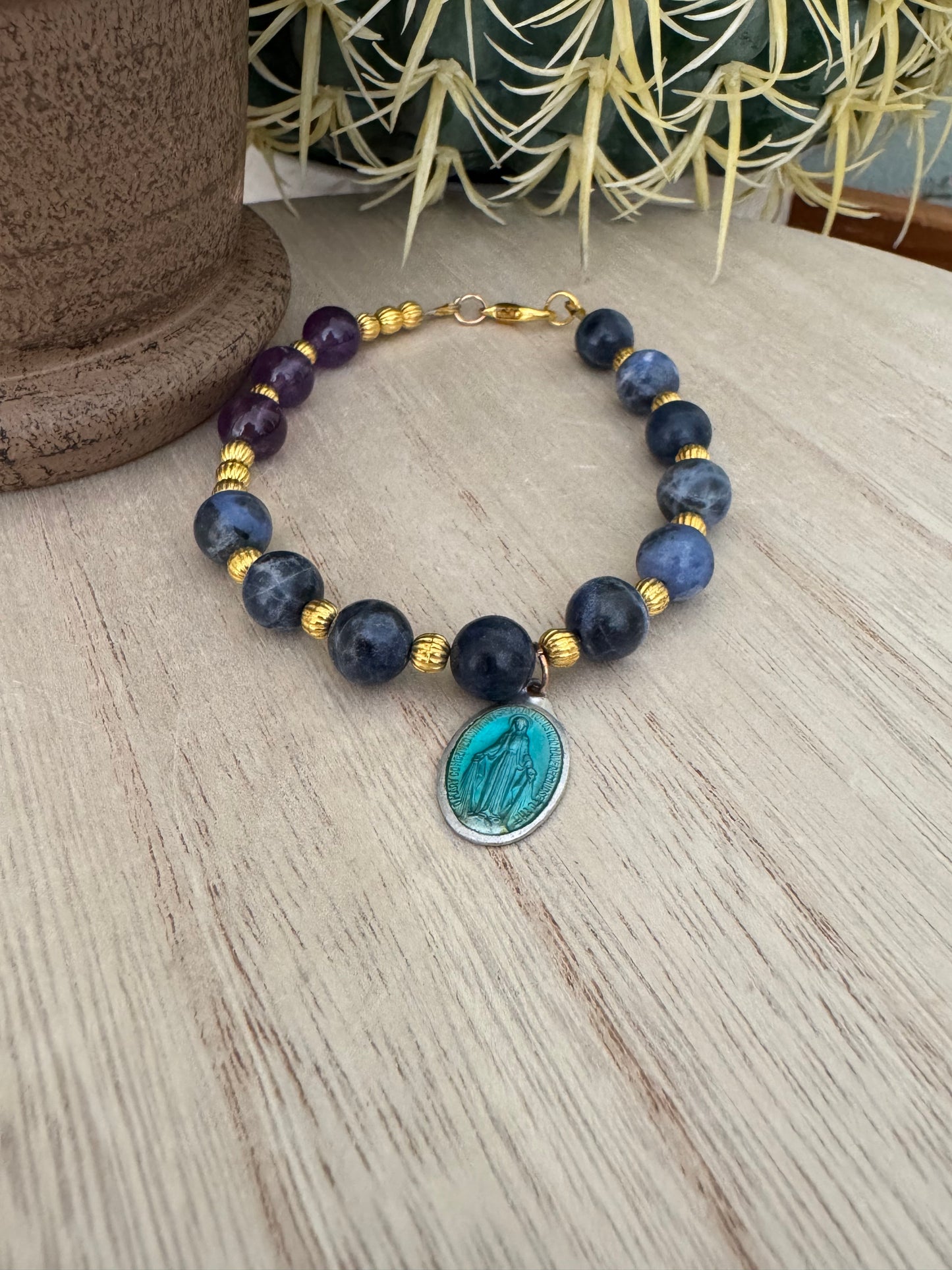 Handmade Blue & Purple Gemstone Bracelet with Vintage Miraculous Medal – 8 Inches
