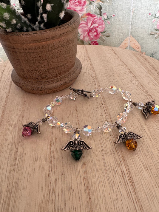 Handmade Clear Crystal-Style Bead Bracelet with Angel Charm – 8”