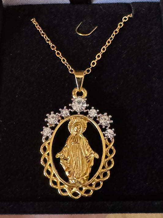 Gold Cutout Miraculous Medal Necklace with Crystals