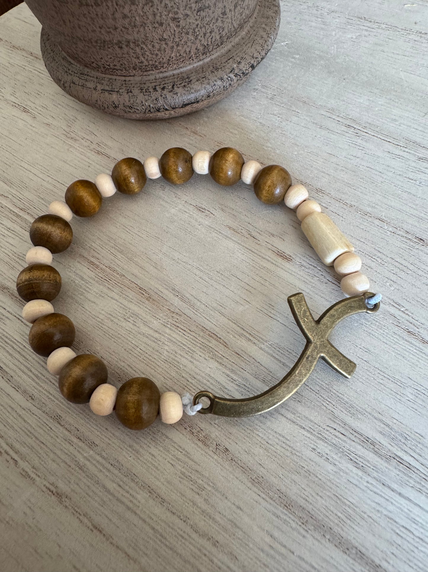 Natural and Dark Wood Rosary Bracelet with Bronze Cross
