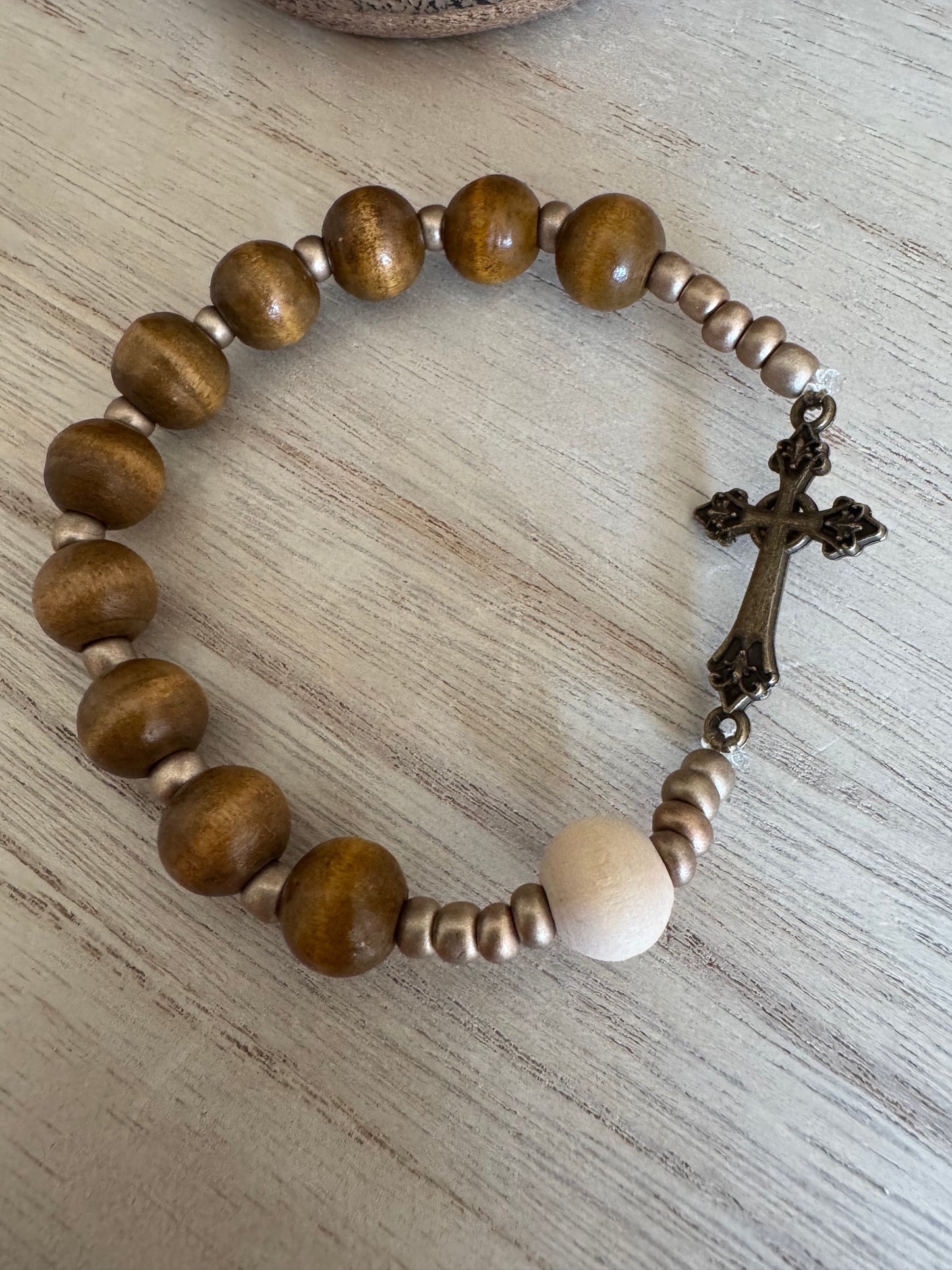 Natural and Dark Wood Rosary Bracelet with Bronze Small Cross