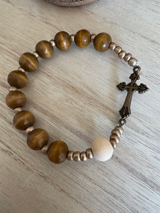 Natural and Dark Wood Rosary Bracelet with Bronze Small Cross