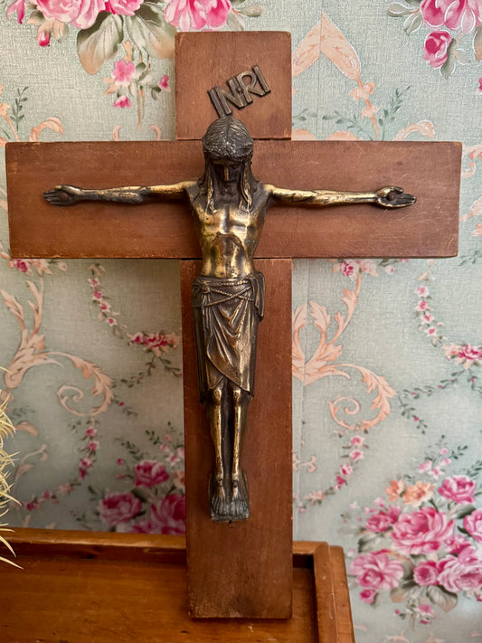 Vintage Brass & Wood Crucifix | Heavy, Handmade | 1960s–1970s Era | 14" x 11" | 1 lb 14.4 oz