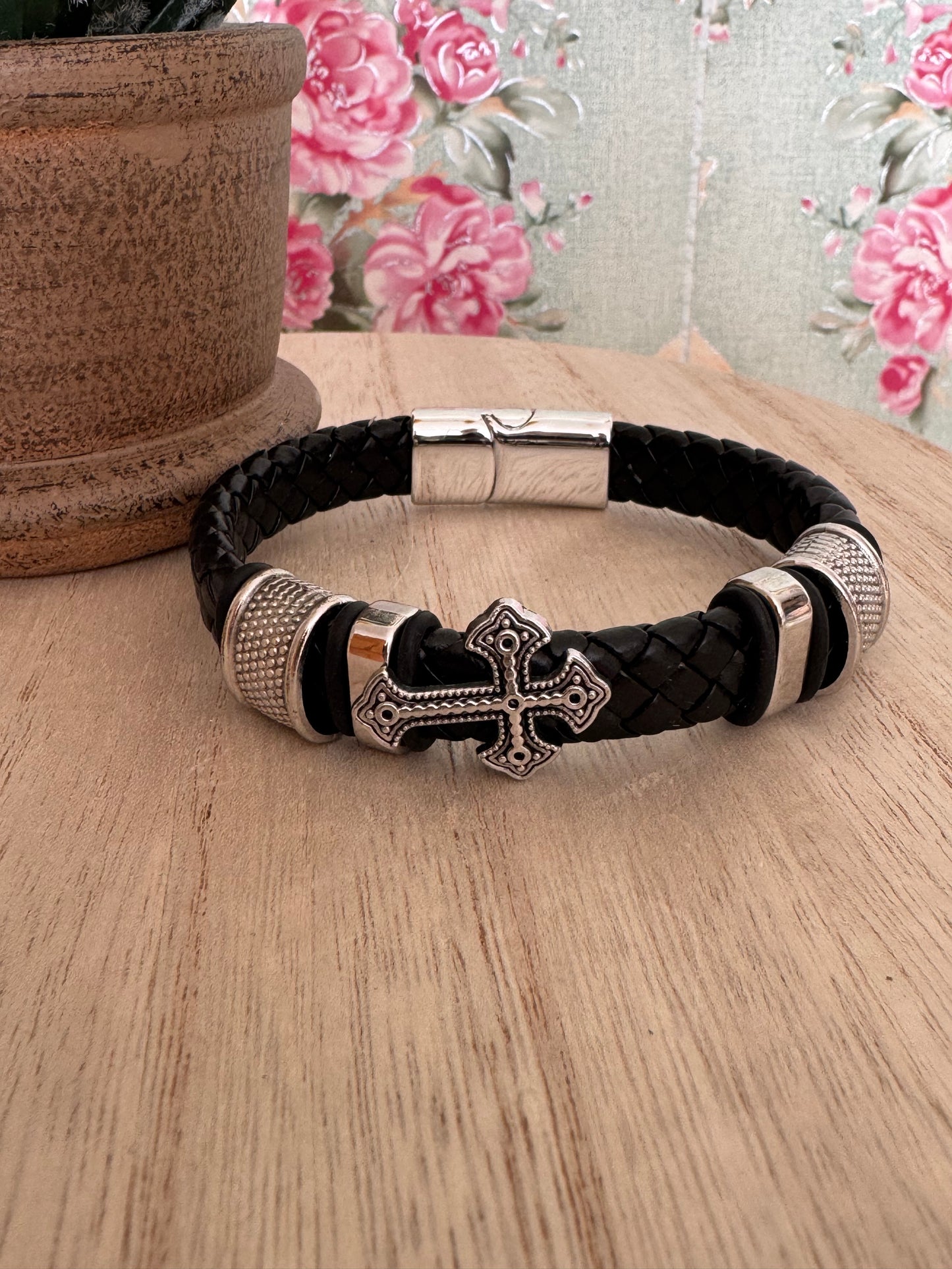 Men’s Braided Faux Leather Bracelet with Magnetic Clasp – Silver Charms & Cross – 8.5”
