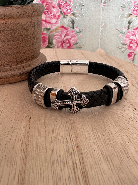 Men’s Braided Faux Leather Bracelet with Magnetic Clasp – Silver Charms & Cross – 8.5”