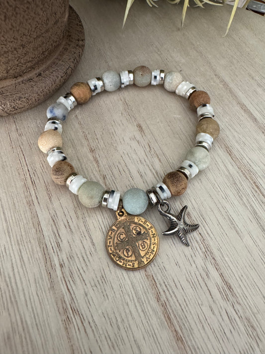 Blue & Green Sea-Themed Stretch Bracelet with Starfish and St. Benedict Charms – 7 Inches
