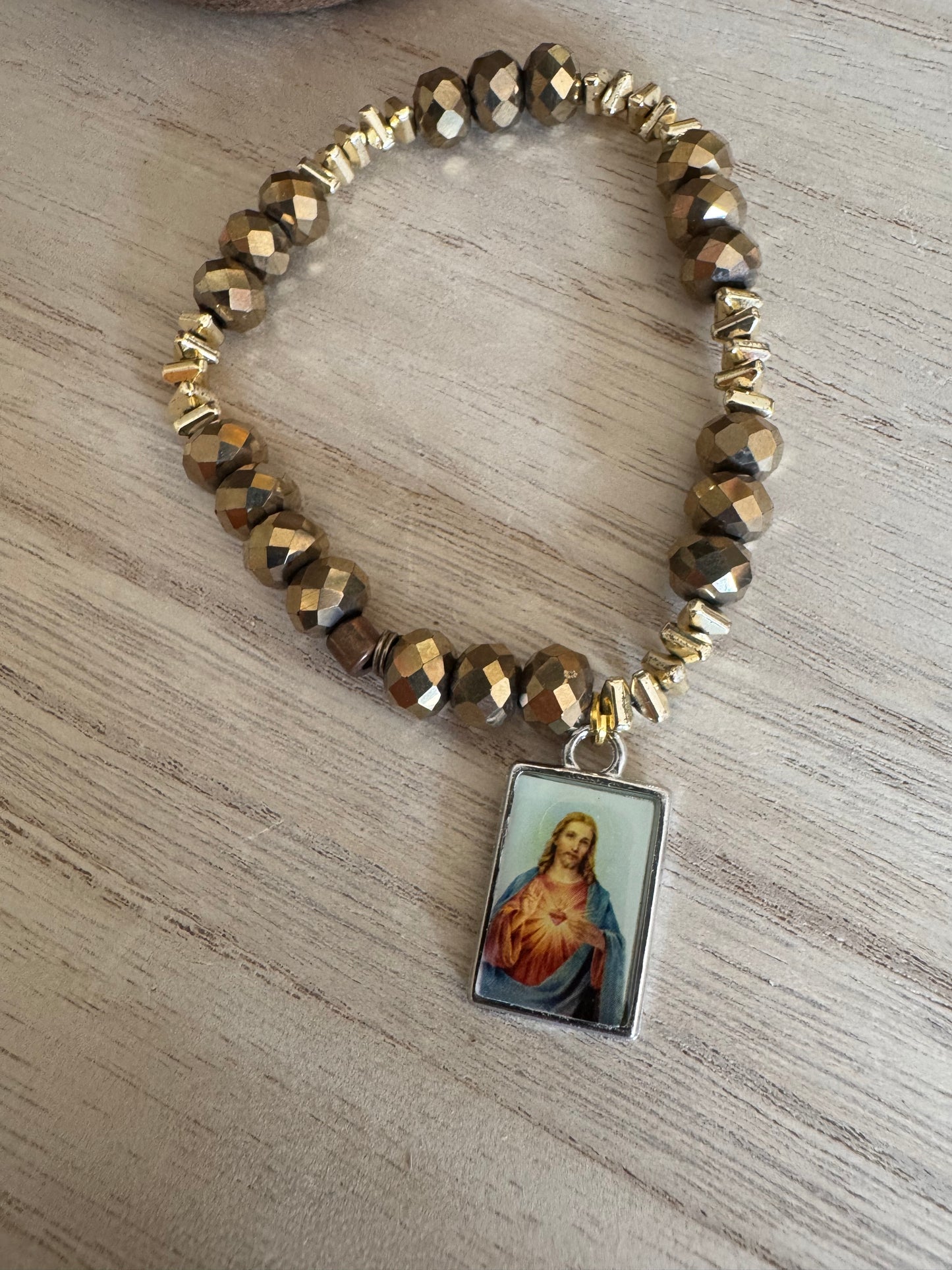 Gold Sparkly Bead Bracelet with Sacred Heart of Jesus Charm