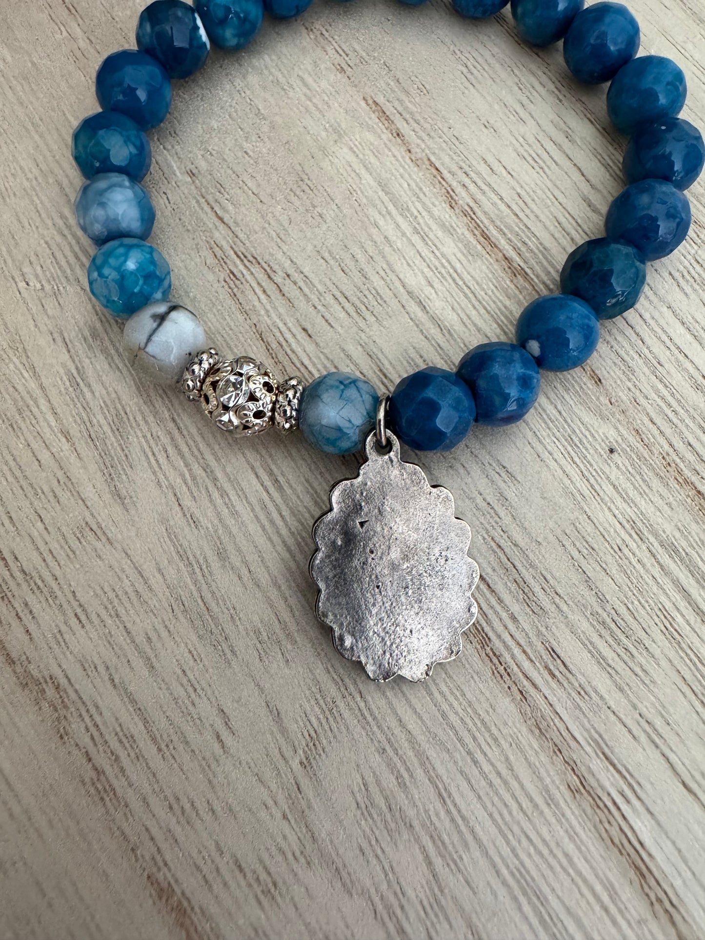 Blue Stone Stretch Bracelet with Our Lady of Guadalupe Charm