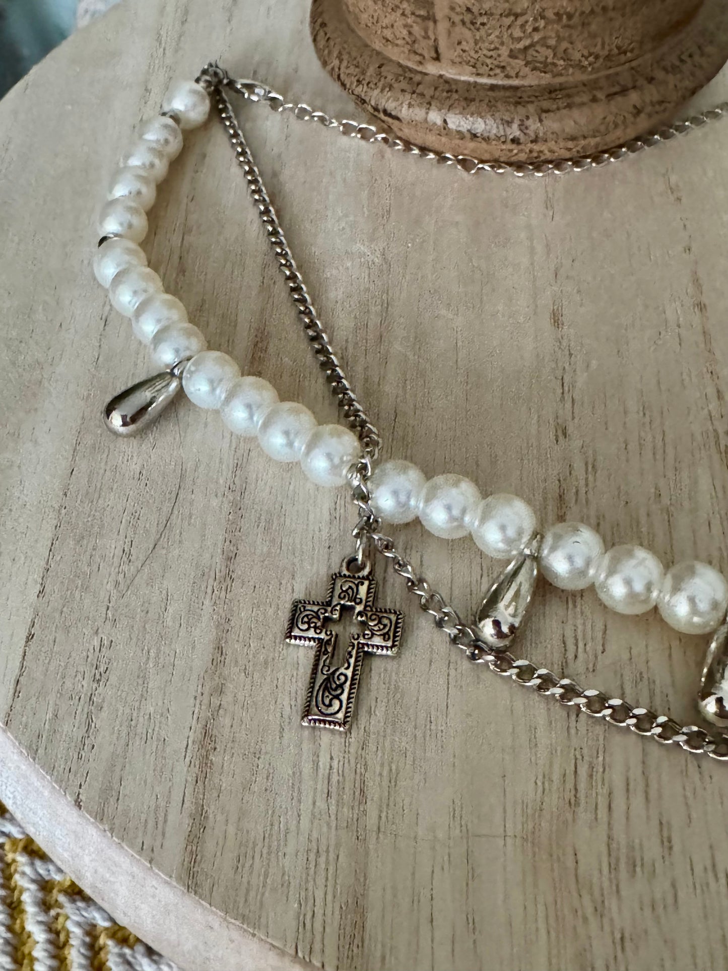 Faux White Bead Necklace with Silver Cross Charms – Adjustable Youth & Kids Necklace