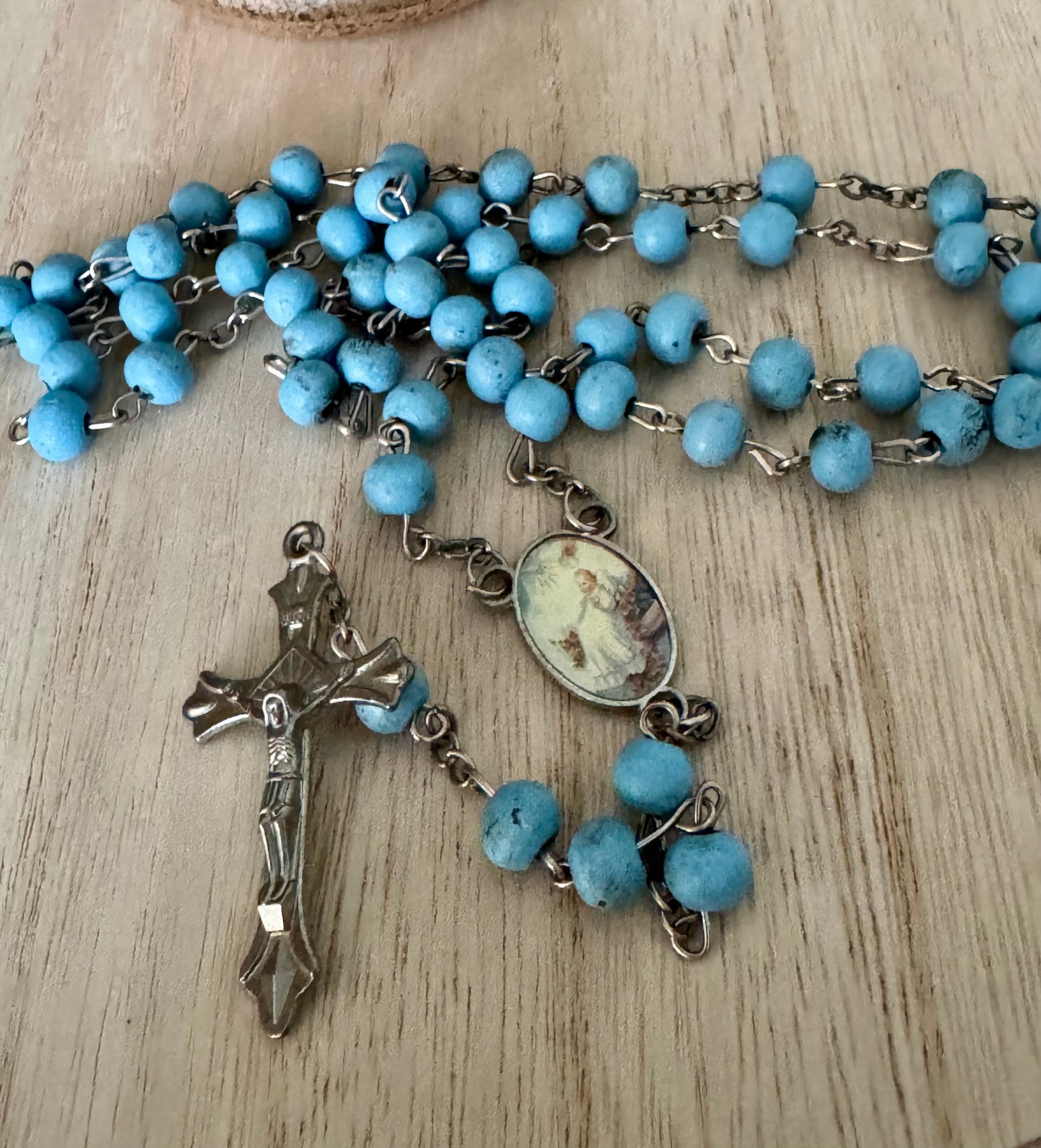 Vintage 1950s Baby Blue Wooden Bead Rosary – Baptism & Holy Spirit Centerpiece – 20 Inches