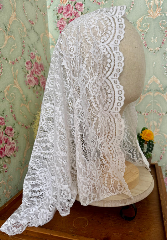 White Lace Mantilla • Scalloped Edges • Lightweight • 21" x 36" • With Clip