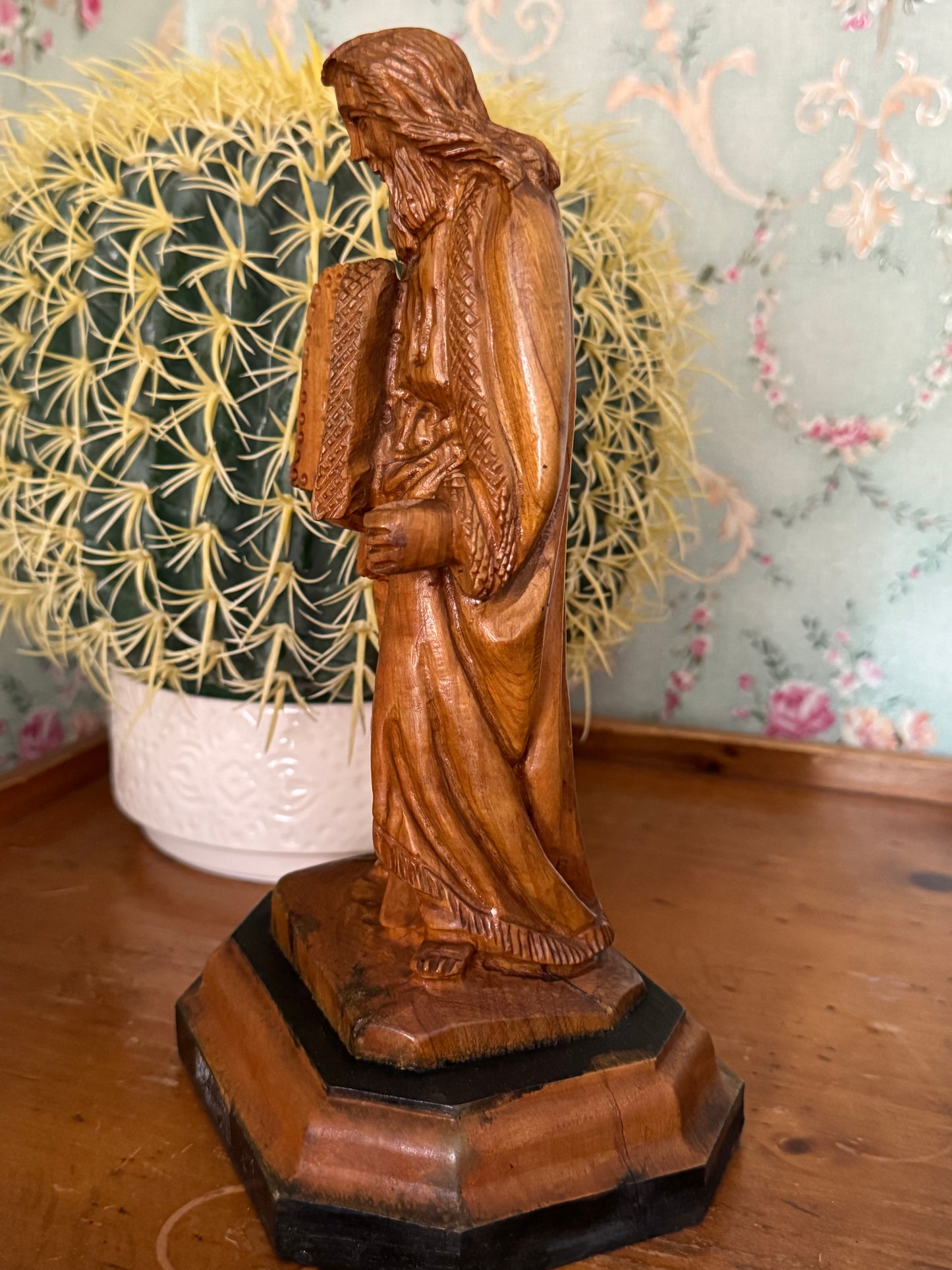 Hand-Carved Olive Wood Moses Statue Holding the Ten Commandments