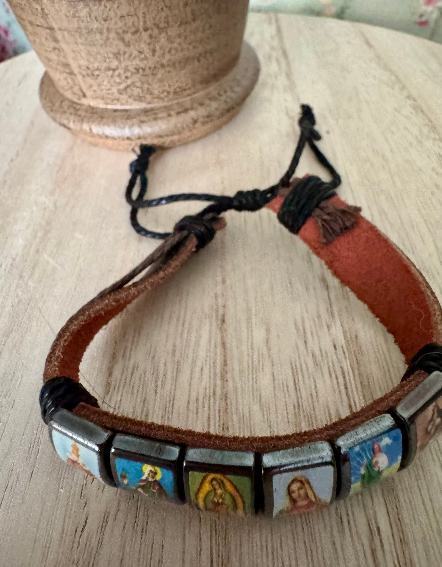 Adjustable Holy Image Bracelet on Leather & Braided Rope