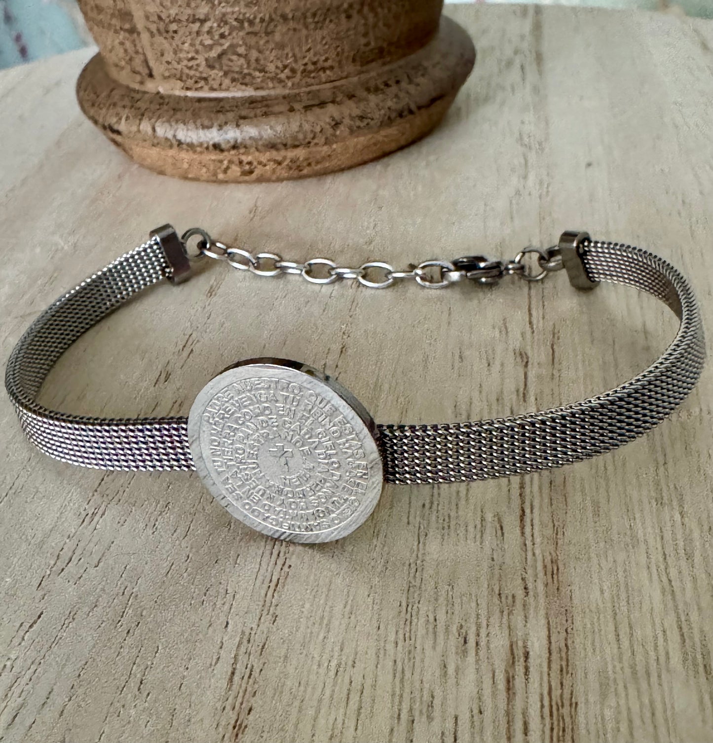 Stainless Steel Adjustable Bracelet with Our Father Prayer in Spanish