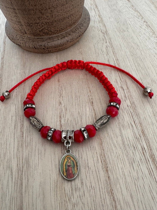 Our Lady of Guadalupe Adjustable Red Braided Bracelet – Silver Accents & Charm – Catholic Jewelry